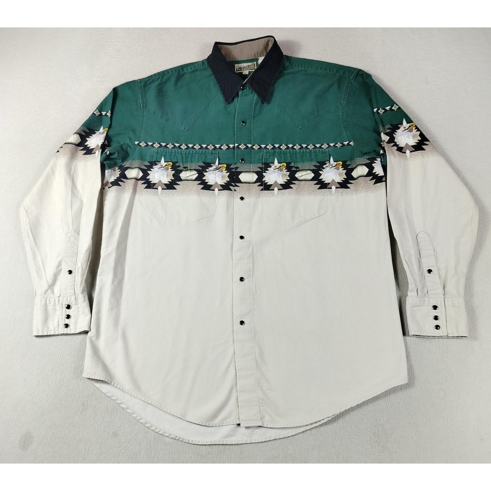 Vintage Express Rider Shirt Mens Large Green Eagle Western Pearl Snap Aztec